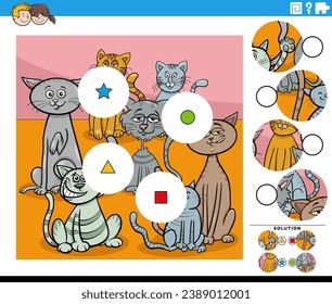 Cartoon illustration of educational match the pieces jigsaw puzzle activity with funny cats animal characters