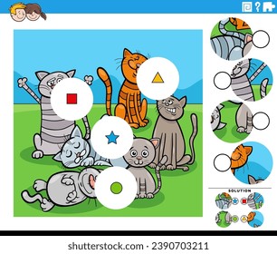 Cartoon illustration of educational match the pieces jigsaw puzzle activity with comic cats animal characters