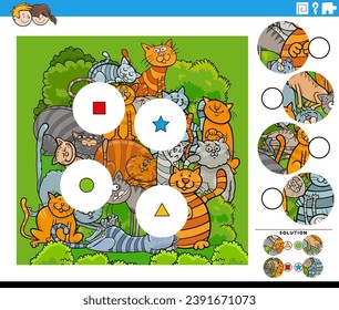 Cartoon illustration of educational match the pieces jigsaw puzzle game with comic cats animal characters