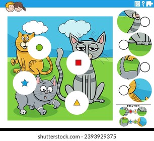 Cartoon illustration of educational match the pieces jigsaw puzzle activity with comic cats animal characters