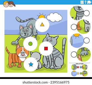 Cartoon illustration of educational match the pieces jigsaw puzzle game with comic cats animal characters