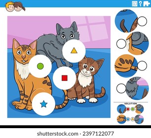 Cartoon illustration of educational match the pieces jigsaw puzzle game with cats animal characters