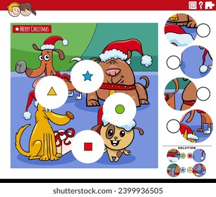 Cartoon illustration of educational match the pieces jigsaw puzzle activity with funny dogs animal characters on Christmas time