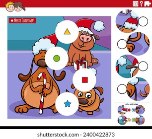 Cartoon illustration of educational match the pieces jigsaw puzzle game with funny dogs animal characters on Christmas time