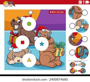 Cartoon illustration of educational match the pieces jigsaw puzzle game with funny dogs animal characters on Christmas time