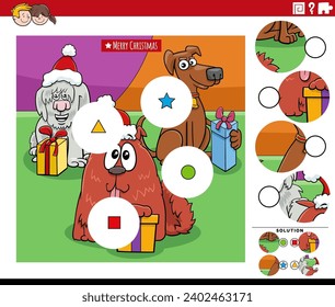 Cartoon illustration of educational match the pieces jigsaw puzzle activity with funny dogs animal characters on Christmas time