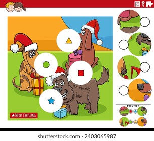 Cartoon illustration of educational match the pieces jigsaw puzzle game with funny dogs animal characters on Christmas time