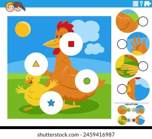 Cartoon illustration of educational match the pieces jigsaw puzzle activity with hen and chick farm animal characters