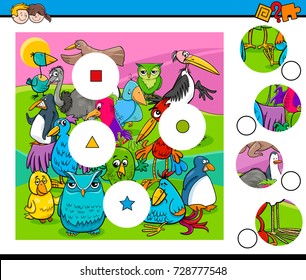 Cartoon Illustration of Educational Match the Pieces Activity Game for Children with Birds Animal Characters