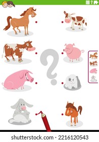 Cartoon illustration of educational matching activity with farm animal species characters and their babies