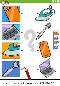 Cartoon illustration of educational matching activity with objects and pictures clippings