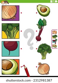 Cartoon illustration of educational matching activity with fruit and vegetables and pictures clippings