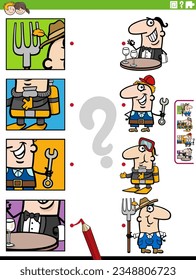 Ilustración de caricatura de la actividad de correspondencias educativas con personajes de la gente y sus ocupaciones con recortes de imágenes