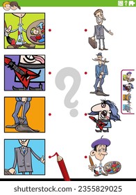 Cartoon illustration of educational matching activity with people characters and their occupations with pictures clippings