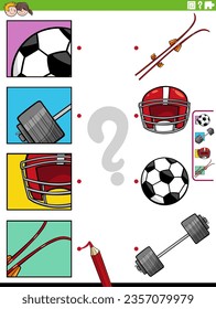 Cartoon illustration of educational matching activity with sport objects and their pictures clippings
