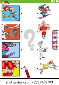 Cartoon-Illustration von Bildungs-Matching-Aktivitäten mit Menschen und Sportdisziplinen und Bildschnitt