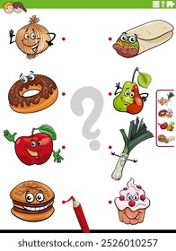 Cartoon illustration of educational matching activity with food object characters