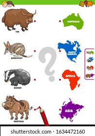 Cartoon Illustration of Educational Matching Game for Children with Animal Species Characters and Continent Shapes