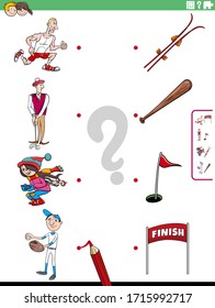 Cartoon Illustration of Educational Matching Game for Children with People Practising Sports and Related Objects