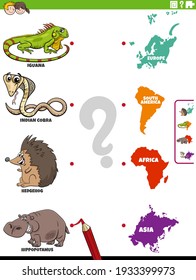Cartoon illustration of educational matching game for children with animal species characters and continents