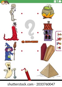 Cartoon illustration of educational matching game for kids with spooky Halloween characters
