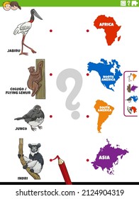 Cartoon illustration of educational matching game for with animal species characters and continents