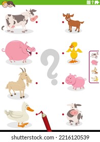 Cartoon illustration of educational matching game with farm animal characters and their babies