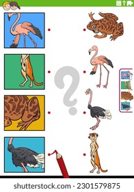 Cartoon illustration of educational matching game with animal characters and pictures clippings