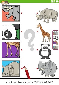 Cartoon illustration of educational matching game with wild animal characters and pictures clippings