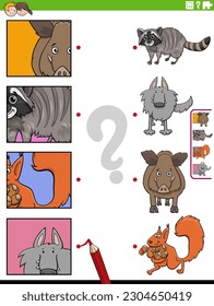 Cartoon illustration of educational matching game with animal characters and pictures clippings