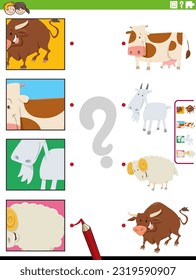 Cartoon illustration of educational matching game with farm animal characters and pictures clippings