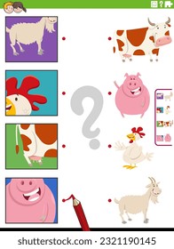 Cartoon illustration of educational matching game with farm animals and pictures clippings