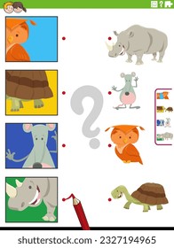 Cartoon illustration of educational matching game with animal characters and pictures clippings