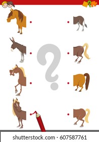 Cartoon Illustration of Educational Matching Halves Game with Horses and Donkey Farm Animal Characters