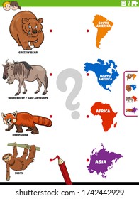 Cartoon Illustration of Educational Matching Task for Children with Animal Species Characters and Continent Shapes
