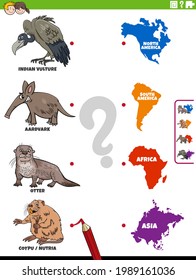 Cartoon illustration of educational matching task for children with animal species characters and continents