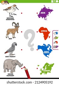 Cartoon illustration of educational matching task for children with animal species characters and continents