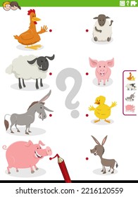 Ilustración de caricatura de la tarea educativa de corresponder con personajes de especies animales de granja y sus bebés