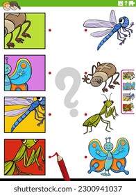 Cartoon illustration of educational matching task with insects animal characters and pictures clippings
