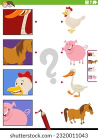 Cartoon illustration of educational matching task with farm animal characters and pictures clippings