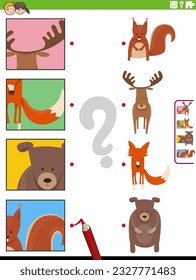 Cartoon illustration of educational matching task with animal characters and pictures clippings