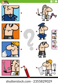 Cartoon illustration of educational matching task with people characters and their occupations with pictures clippings
