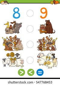 Cartoon Illustration of Educational Mathematical Activity Game of Greater Than, Less Than or Equal to for Children with Animal Characters