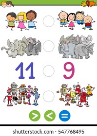 Cartoon Illustration of Educational Mathematical Activity Game of Greater Than, Less Than or Equal to for Children with Animal Characters