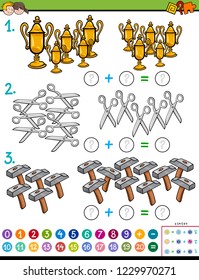 Cartoon Illustration of Educational Mathematical Addition Calculation Puzzle Game for Preschool and Elementary Age Children with Objects