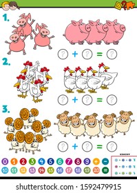 Cartoon Illustration of Educational Mathematical Addition Puzzle Task for Kids with Farm Animal Characters