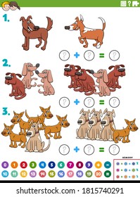 Cartoon Illustration of Educational Mathematical Addition Puzzle Task with Comic Dogs