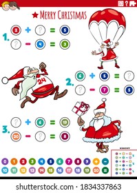 Cartoon Illustration of Educational Mathematical Addition and Subtraction Puzzle Task with Santa Christmas Characters