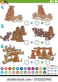Cartoon illustration of educational mathematical addition puzzle task with funny dog characters