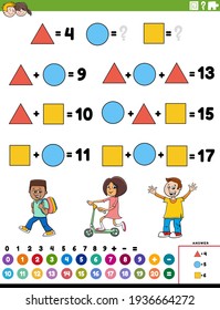 Cartoon illustration of educational mathematical addition puzzle task with children characters